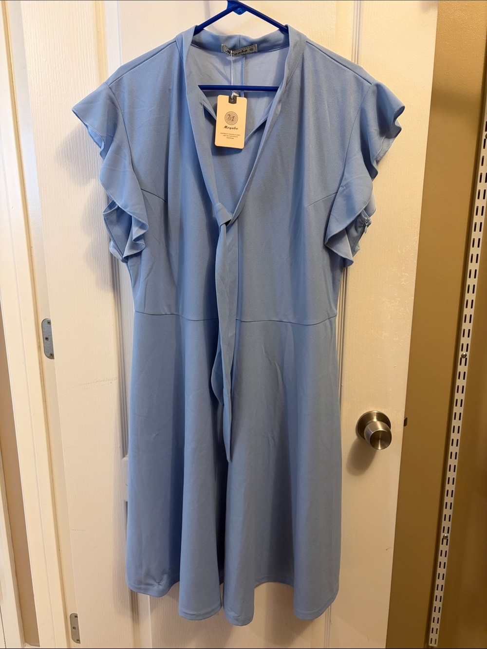 Light Blue Tie-Neck Ruffle Sleeve Dress